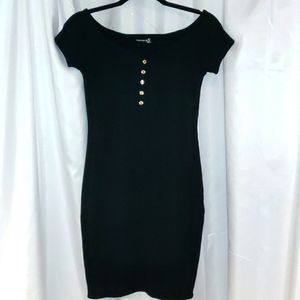 Popular21 Black Rib knit S/S dress, scoop neck, button detail